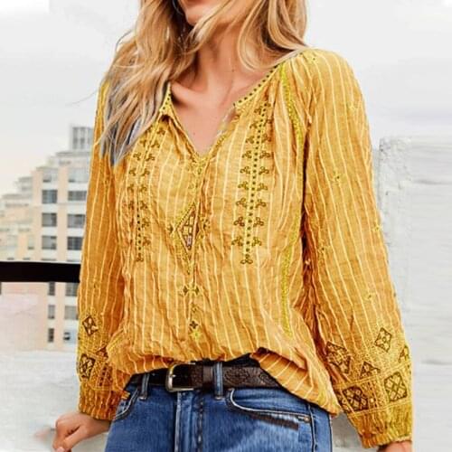 V-neck Long Sleeve Vintage Strip Women Blouse For Office Lady 2021 Female Casual Loose Streetwear All Match Shirt Blouses