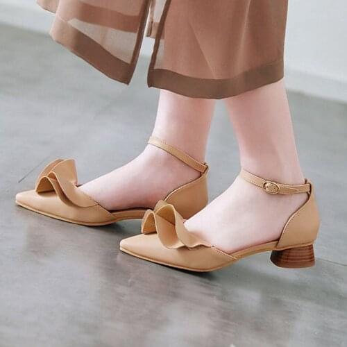 COOLULU Fashion Women D'orsay Pumps Ankle Strap Ruffles Design Pointed Toe Mid Heel Pumps Women Party Dress Shoes Size 34-48