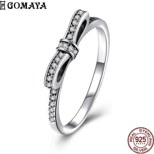 GOMAYA Fashion 925 Sterling Silver Bow Knot Design Ring Inlaid 5A Cubic Zircon Exquisite Women Fine Jewelry Anniversary Gift