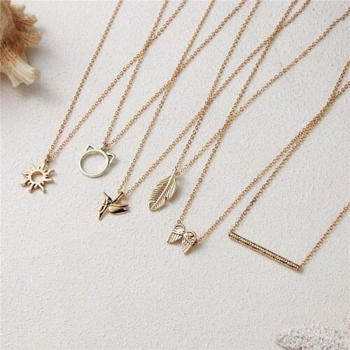 Korean Simple Gold Color Multiple Pendant Necklaces for Women Femme Angel Wing Cat Leaf Sun Long Choker Necklace Birthday Gift