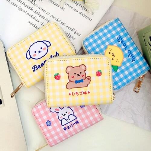 Short Plaid Wallet Folding Card Pack Cute Bear Mini Coin Purse Clutch Card Holder Cash Organizer Money Bag Kawaii Portable Pouch