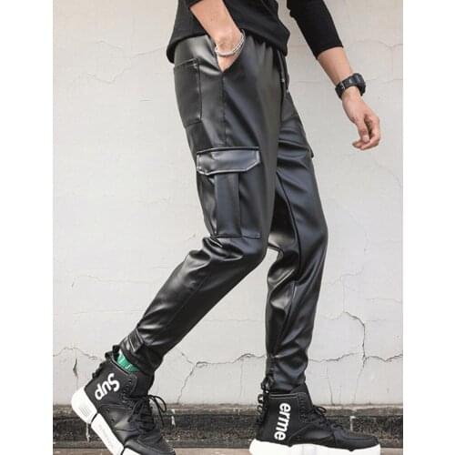 Leather Harem pants mens feet pants fashion motorcycle pu trousers for men Loose elasticity plus velvet thicken warm black