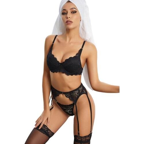 Floral Lace Bralette Lingerie Set with Garters Lace Bra Set panties womens Underwear Set Bra brief Sets belt Set intimates