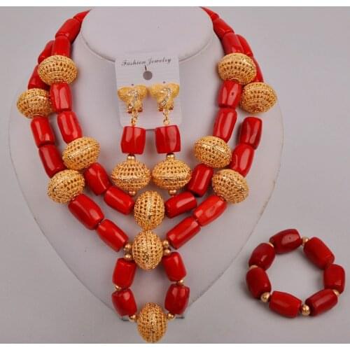 Fashion Red African Coral Beads Necklace Set Nigerian Wedding African Beads Jewelry Set Coral Beaded Bridal Set Women