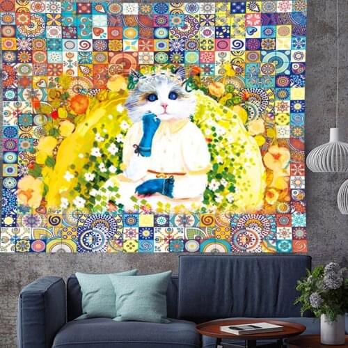 Cute Thinking kitten kitten cartoon wall hanging indian mandala tapestry Wall Hanging kids room Wall carpet Hanging Home Decor