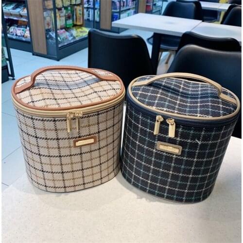2020 New Japanese and Korean Cylinder Cosmetic Bag Plaid Nylon Travel Large Capacity Portable Storage Household Outdoor Dual-Use