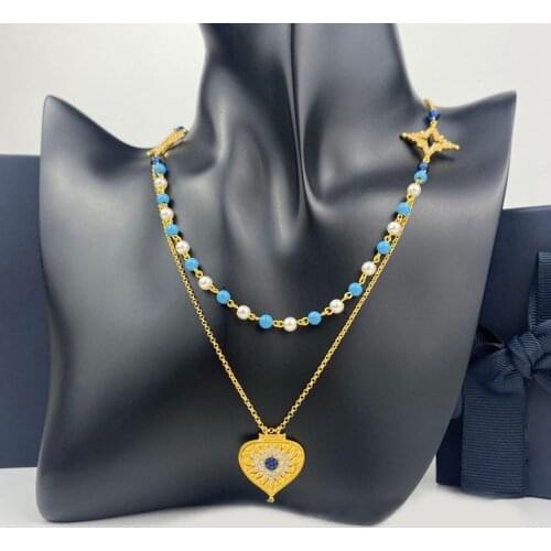 New Roman Style Design Blue Stone Pendant Double Layer Chain Choker Necklaces Heart Eyes Necklace Women Gift Zk35