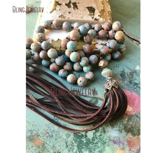 Rustic Southwest Style Sophisticated Glam Leather Tassel Turquoises Beads Handknot Necklace NM15555