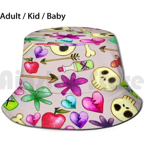 Snow White Bucket Hat Adult kid baby Beach Sun Hats Skulls Skull Gothic Goth Punk Rock Pop Valentine Valentines Trendy Candy