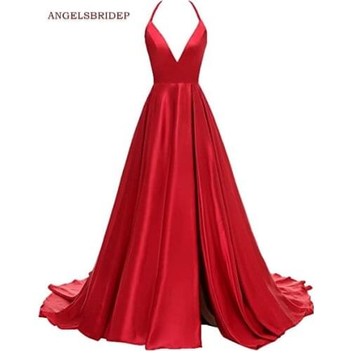 ANGELSBRIDEP Deep-Neck Prom Dresses Vestidos de festa Sexy Halter Side Split Court Train Formal Celebrity Party Gowns Hot Sale