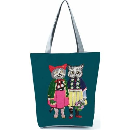 Women Outdoor Casual Handbags Cartoon Cat Printed Tote Bag High Capacity Green Shopping Bag Eco Reusable Ladies Shoulder Bag