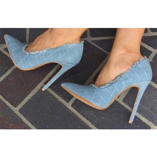 Drop Shipping Spring New Brand Woman Light Blue Jeans Denim 110 mm Stiletto Heels Fringe Tassel Pointed Toe Slip On Party Pumps