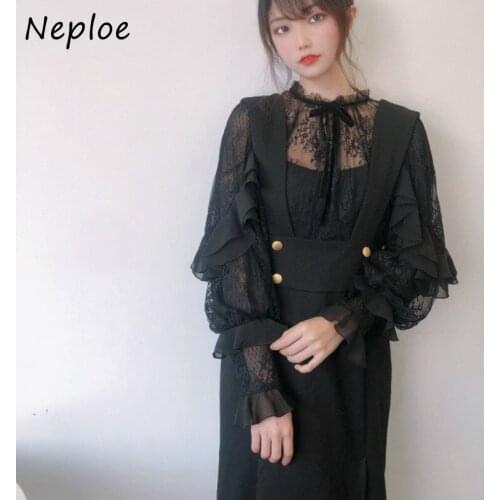 Neploe Sexy Lace Lantern Long Sleeve Patchwork Women Dresses 2021 New High Waist Strap Dress Spring Autumn Slim Fit Vestidos