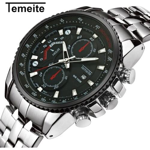 TEMEITE 2019 Top Brand Luxury Men Watch Three Eyes Full Steel Calendar Waterproof Sport Quartz Wristwatches Male Business Clock
