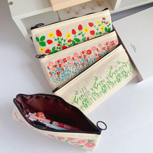 Flower Canvas Pencil Case Pen Bag Korean Stationery For School 2021 Student Cases Bags Office Supplies