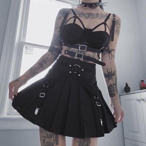 Dark Cyberpunk Girl Pleated Skirt Summer Women Gothic Streetwear High Waist Sexy Black Mini Skirts with Hand Ring Punk Clothing