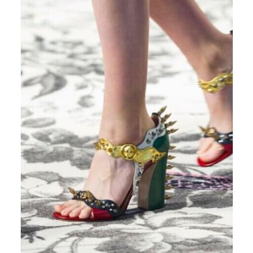 Carpaton Runway Mixed Colors Leather High Heel Shoes Woman Open Toe Rivets Studded Thick Heels Sandal Ankle Strap Gladiator Shoe