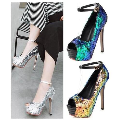 Large size woman high heel platform peep toe pumps 14CM heel Sequin platform pumps bling bling Fish scales high platform pumps