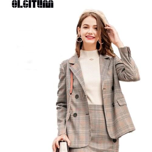 New Arrival Autumn/Winter OL Women Elegant Retro Plaid Double-breasted Blazer with Pocket 2020 S-XL Split Slim Outwear Female