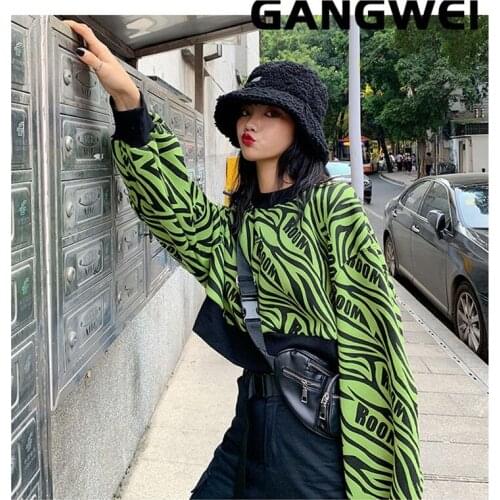 Short Zebra Pattern Harajuku Women Winter Plus Velvet Thick Loose Korean Style Long-Sleeved Pullover lazy Wind Ins Tops