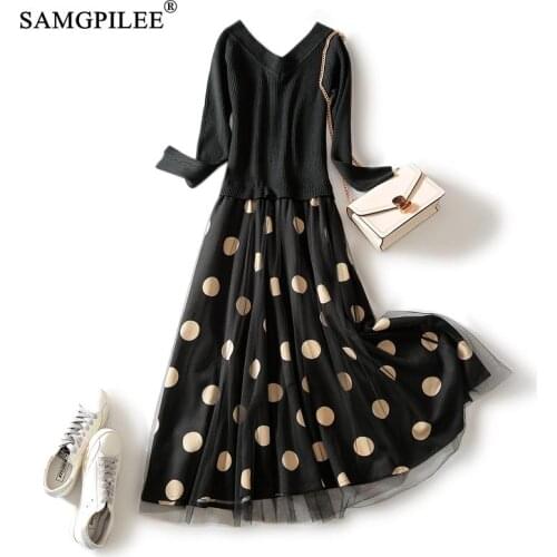 Maxi Dresses For Women Office Lady A-line Dot Vestido Casual Full Sleeve Mid-calf korean style Elegant V-neck Dress Woman 3XL