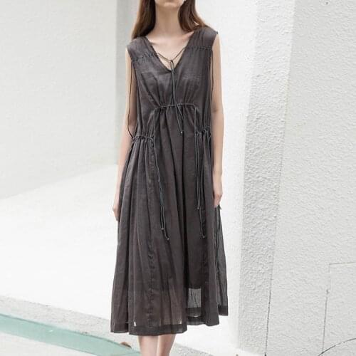 Johnature French Vintage Cotton Linen Sleeveless Women Dresses 2021 Summer New V-neck Backless Loose Tie Loose Dress