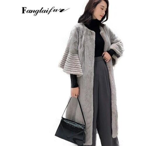 Fang Tai Fur 2019 Import Velvet Mink Fur Coat O-Neck Flare Sleeve Mink Coats Womens X-Long Three Quarter Real Mink Fur Coats