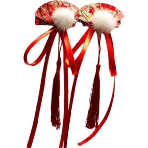 1Pair Hair Clips Pom Balls Hair Decoration Chinese Style Girls Tassels Hair Pins for Christmas