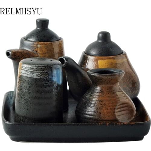 1PC RELMHSYU Japanese Style Retro Ceramic Small Seasoning Soy Sauce Bottle Toothpick Holder Pepper Square Rectangle Tray Set