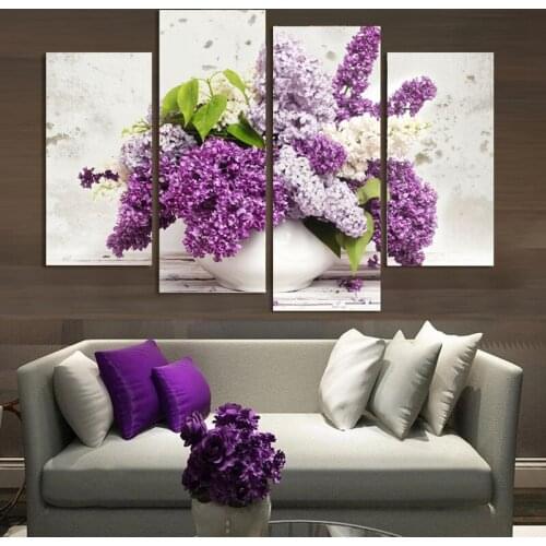 4 Panel Modern Lavender Flowers Canvas Painting on Canvas Wall Art Modular Pictures Home Decor for Living Room No Frame