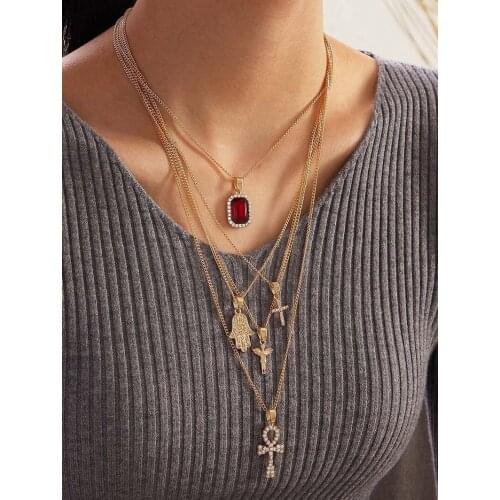 Bohemian Multi-layer Crystal Cross Gem Angel Pendant Necklace Gold Chain Necklace for Women Jewelry Gifts