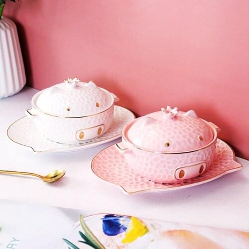 European Phnom Penh Dessert Cup Birds Nest Shark Fin with Cover Ear Meng Pig Ceramic Creative online celebrity Dishes Set