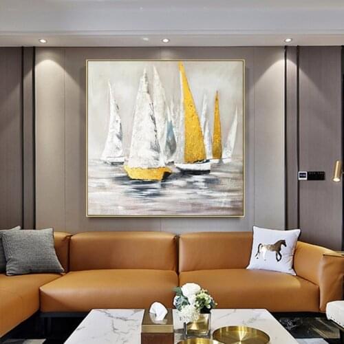 Handmade oil painting sailboat gold foil abstract landscape modern minimalist hotel living room decoration painting