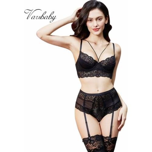 Varsbaby sexy Y-lined beauty back underwear floral lace underwire bra+panties+garters 3 pcs for young ladies