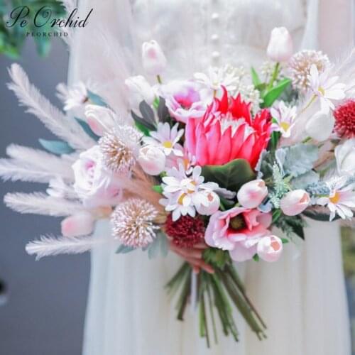 PEORCHID Red&Pink Big Wedding Bouquet Bride Holding flowers Artificial Rose Tulip Bridal Hand Bouquet Luxury Accesorios Boda