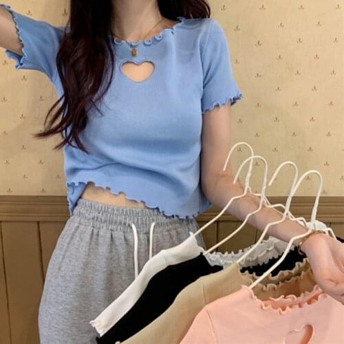 LJSXLS Summer Knitted Short Crop Top Womens T-shirt Solid Edible Tree Fungus Short Sleeve Tshirt Women Sweet O-Neck Tee Shirt