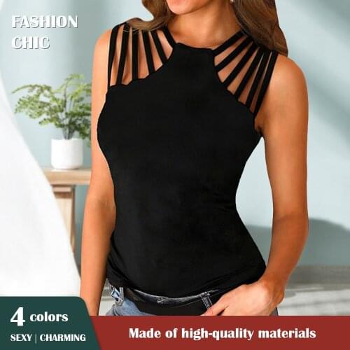 Women Shoulder Hollow Camis Vest Spring Summer Graceful Plain Color Crew Neck Tank Tops Fashion Slim Fit Sleeveless Basic Shirts
