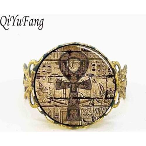 Qiyufang jewelry rings Trendy Egyptian Ankh Ring Eternal Life Ring Egypt Round Glass Photo steel bronze 2018 New friends gift