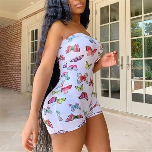 Fashion Butterfly Print Women Sleeveless Off Shoulder Jumpsuit Bodycon Short Trousers Tight Bodysuits Sexy Romper Playsuit