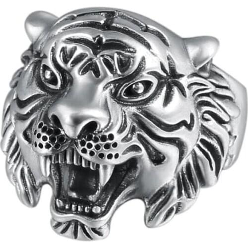 POTCET Mens Stainless Steel Tiger Head Titanium Steel Ring Geometric Fashion Retro Hip Hop Party Jewelry