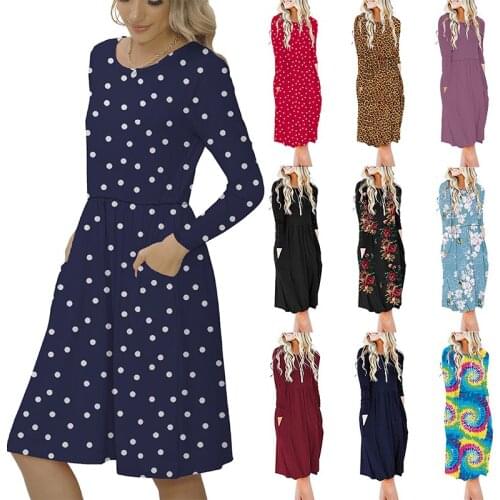 Autumn Long Sleeve Pocket O-neck Floral Party Dress Women Winter Casual Ruffle Loose Print Dresses Female Dot Boho Vestidos 2020