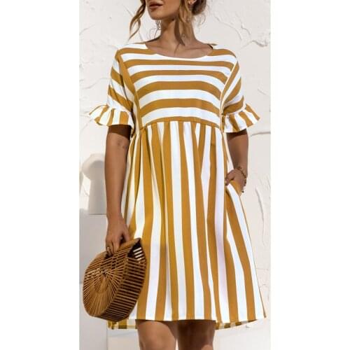 Women Ruffle Stripe Pocket Dress 2021 Summer Casual High Waist Short Sleeve Round Neck Patchwork A-line Beach Dress AM3032