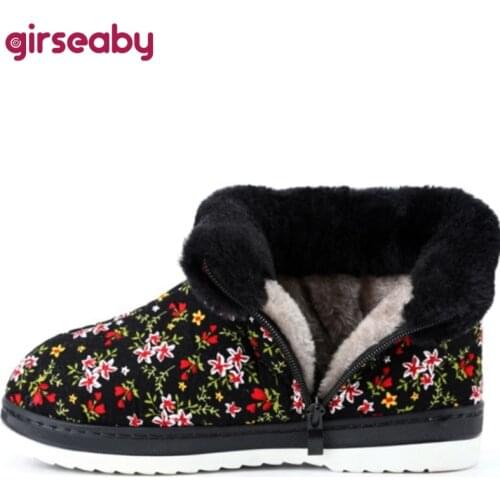 Girseaby Winter Cute Warm Plush fur Mid-Calf boots Floral Folk-custom Cotton Flat Flock Zip Big size 36-45 Black Blue Red F1046