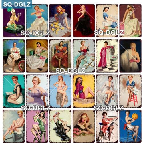 [SQ-DGLZ] 90s Pinup Metal Plate Tin Sign Plaque Vintage Pub Decor Metal Sign Metal Sexy Girls Poster Home Decoration Art Custom