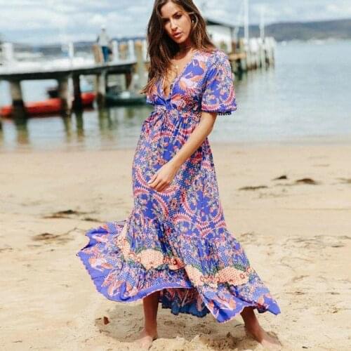 TEELYNN rayon cotton floral printed maxi dresses women 2020 vintage v neck long summer dress vestidos beach wear boho femme robe