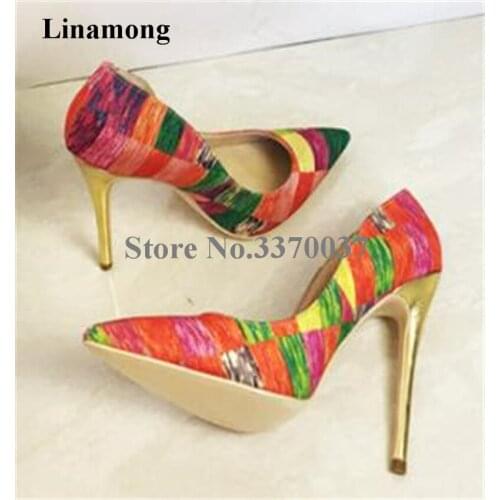 New Fashion Women Pointed Toe Mixed Colors Satin Metal Stiletto Heel Pumps 12cm 8cm Patchwork Super High Heels Formal Dress Shoe