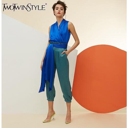 TWOTWINSTYLE Casual Two Piece Set For Women V Neck Sleeveless Tops High Waist Lace Up Pants Female Suits 2020 Spring New Fashion