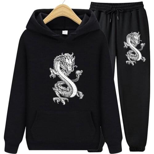 Vintage Chinese Dragon Print Women Tracksuit Hoodies Sweatshirt And Harajuku Casual Pants Autumn Winter Two Piece Sets Clothes