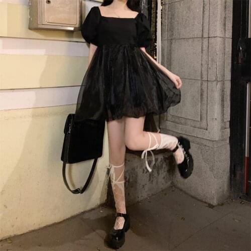 Japanese Sweet Gothic Dress Women Black Sexy Backless Party Mini Dress French Patchwork Puff Sleeve Kawaii Fairy Princess Dress