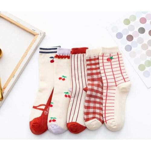 Yishine 10 Pairs/ Set Lovely Girls Cheery Striped Plaids Printed Women Lolita Middle Socks Sox for Dress Decoration
